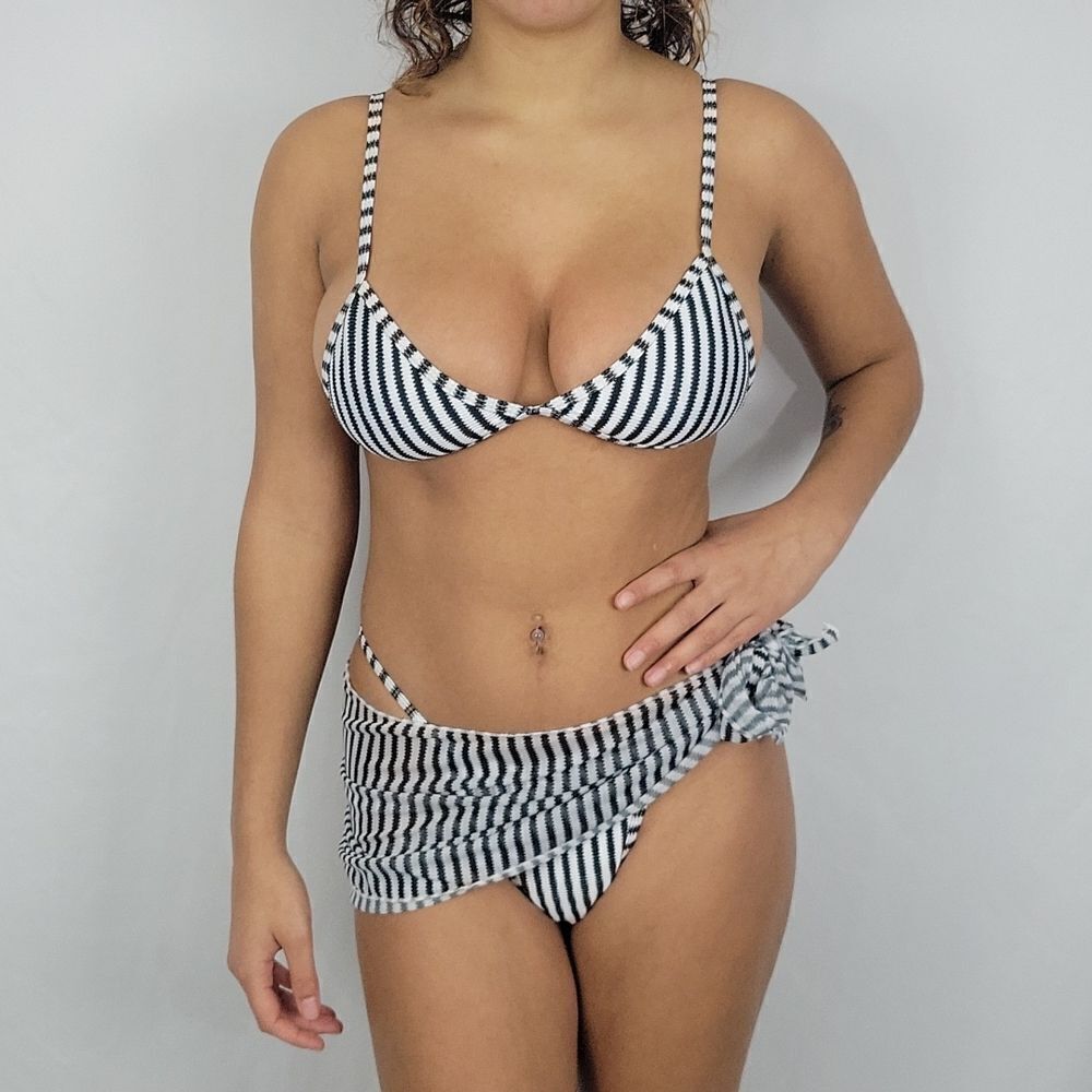 Black & White Striped Micro Triangle Bikini Swimsuit & Beach Skirt 3 Piece Set